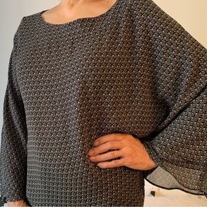 SIONI. Black print, boat neck, lined & layered pullover poncho style top…